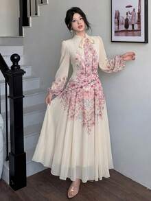 Modelyn 女士系带腰部褶皱印花长袖连衣裙 - 粉色 - 查看 5