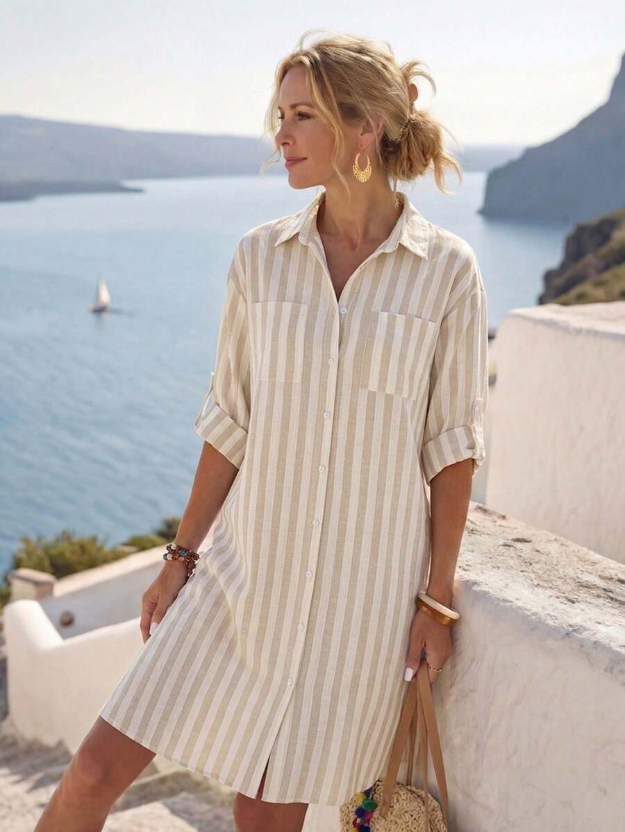 SHEIN LUNE Women's Vintage Khaki Striped Print Roll-Up Sleeve Front Button-Down Shirt Dress For Vacation - Multicolor - View 1