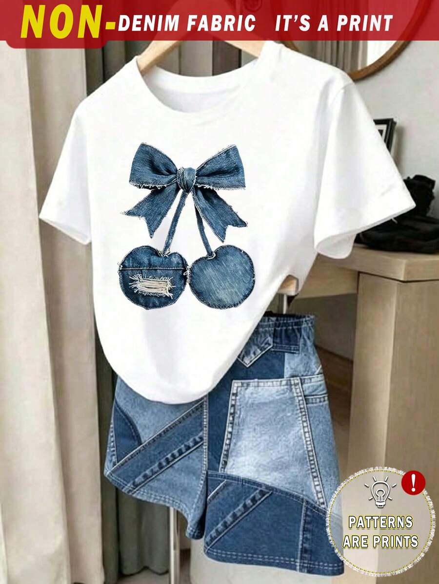 Girls' Fashion Minimalist Patchwork Cherry & Bow Print Basic Short Sleeve T-Shirt And Shorts Set, Summer Daily Outfit - Multicolor - View 1