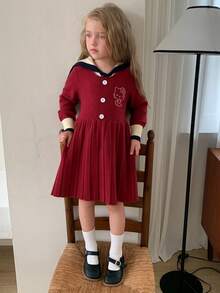 Dazy Kids HELLO KITTY | DAZY Gaun Sweater Anak Perempuan Lengan Panjang Kerah Pelaut Lucu Warna Kontras dengan Motif Kucing KT untuk Musim Gugur - Merah - View 8