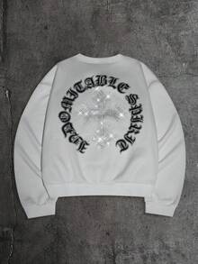 AXEPEAK Men's Letter Print Cross Rhinestone Pullover Sweatshirt - White - View 7
