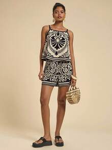 SHEIN PETITE CURVE Plus Size Women's Black White Print 2-Piece Casual Set, Beige, Summer, Boho, Vacation, Holiday, Beach Vacation, Beach Vacation Outfits, Bohemian Style - Black - View 8