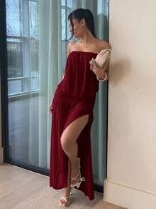 leahseptember 女款新款無袖洋裝，杏色，露背設計，百褶細節，長版飄逸裙擺，透視疊層，夏季優雅洋裝 - 酒紅色 - 查看 2