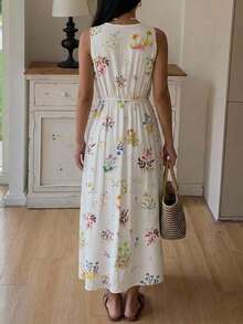 DAZY Floral Print V-Neck Waist-Cinching Long Dress, Summer Outfit Women's Nightgown - White - View 2