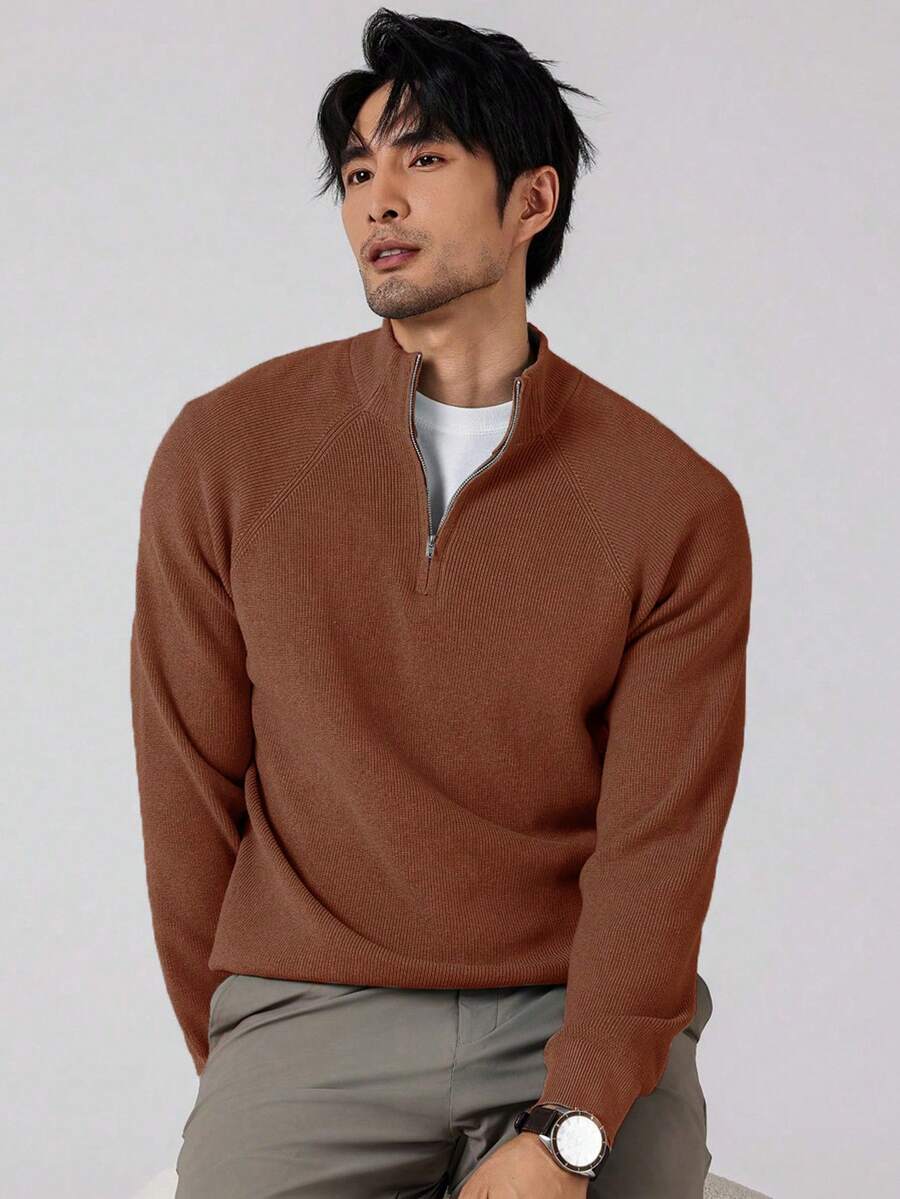 Manfinity Homme Suéter casual de manga raglán con cremallera de unicolor para hombre - Óxido marrón - Ver 1