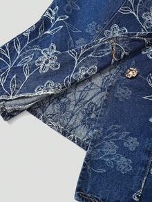GlowEve Women's V-Neck Floral Pattern Casual Versatile Daily Wear Denim Jacket - Blue - View 5