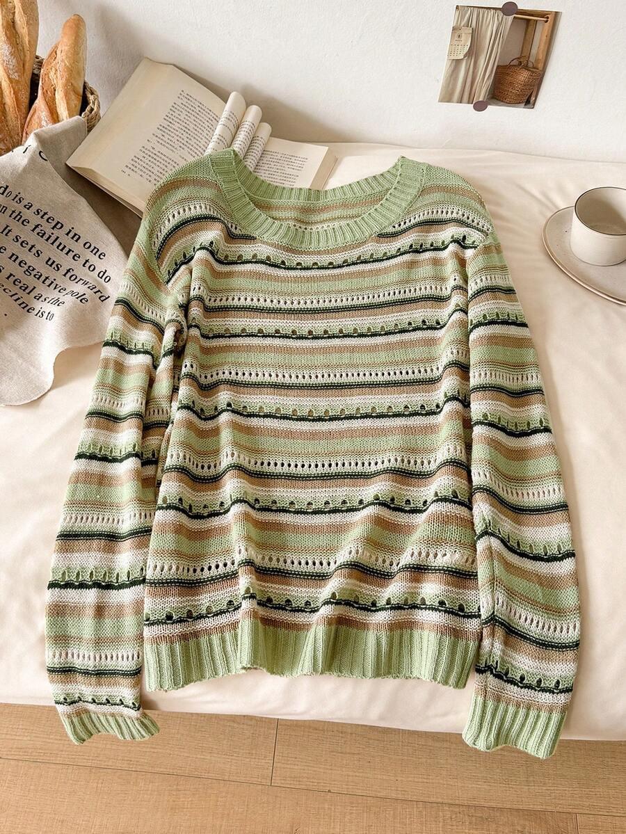 CosyJoli Women's Striped Crew Neck Long Sleeve Casual Loose Sweater - Multicolor - View 1