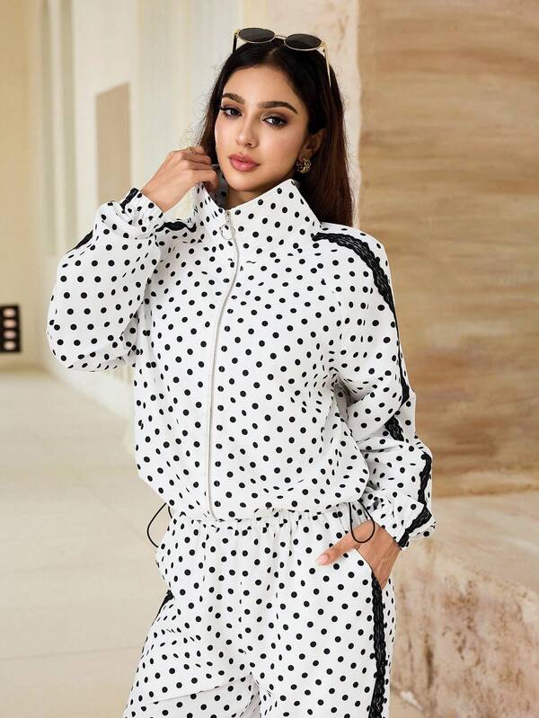 Modelyn Sweet Lace Trim Polka Dot Print Korean Style Cute Loose Zipper Jacket Straight Leg Pants Women's Fashion Casual Sporty 2-Piece Set