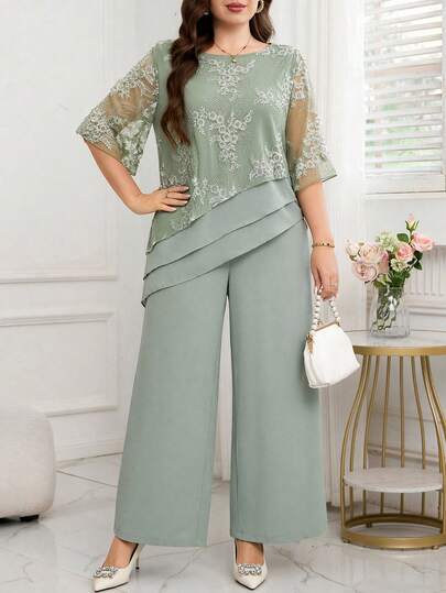 Reflora Plus Size Women's Floral Embroidery Pattern Top And Wide Leg Pants Casual Daily 2-Piece Set