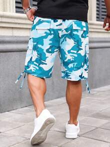 Manfinity Roughcore Plus Size Men's Casual Fashionable Street Camo Print Drawstring Waist Flap Pocket Cargo Shorts, Suitable For Daily Commute In Summer - Multicolor - View 2