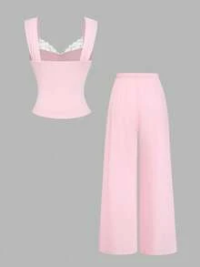 Vibekara Plus Size Women's Contrast Lace Tank Top And Pants Casual 2 Pieces Set - Pink - View 2