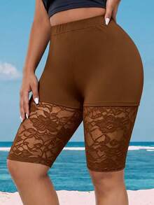 Breezaya Plus Size Versatile Contrast Lace Leggings - Brown - View 1