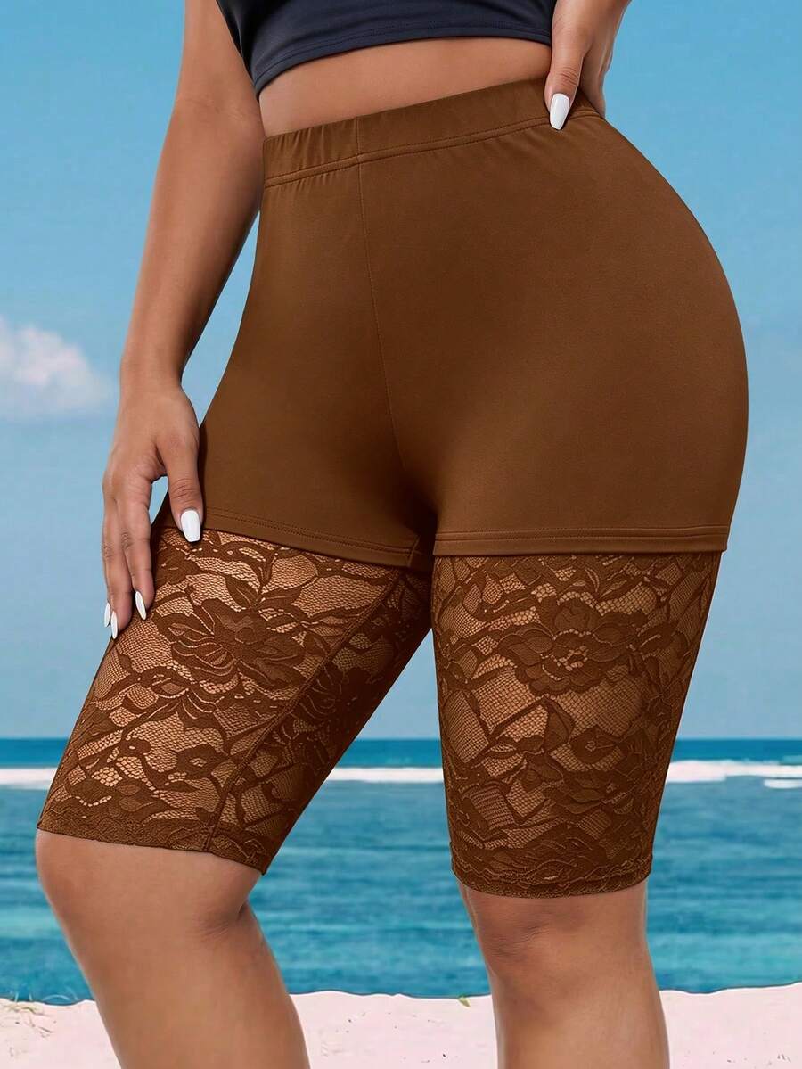 Breezaya Plus Size Versatile Contrast Lace Leggings - Brown - View 1