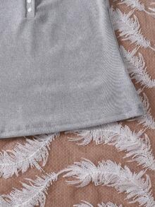SHEIN Sparklyn 青少年女孩法式復古方領羅紋修身短袖T恤 - 淺灰色 - 查看 5