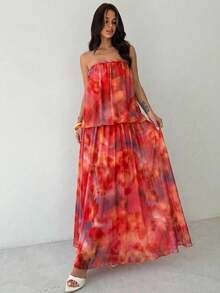Firerie Women's Elegant Tropical Romantic Beach Vacation Party Date Afternoon Tea Sister Gathering Braided Red Orange Print Mesh Sheer Draped Tube Top Dress - Multicolor - View 3