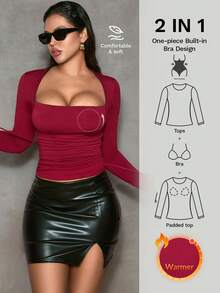 Nuvra Women's Long Sleeve Double-Layer Tummy Control Shapewear Top With Lining, Cinched Waist Body Shaper - Burgundy - View 4