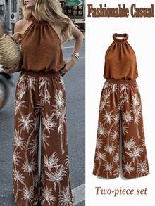 SHEIN LUNE CURVE Plus Size Women's Summer Casual Tropical Vacation Set: Sleeveless Solid Color Halter Top And High Waist Wide Leg Printed Pants Two Pieces Set Brown - Brown - View 3