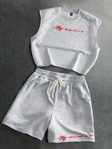 PAVTROS Men's Plus Size Slogan Graphic Top And Drawstring Waist Shorts Casual Daily Outfit - Grey - View 3