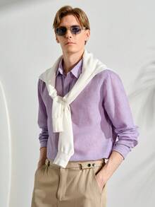 VeloEdit Men's Purple Solid Collar Long Sleeve Polyester Shirt, Button Front, Spring, Button Down Shirt, Casual, Comfortable, Versatile, Daily Wear, Gift For Father/ Husband Fall Winter - Purple - View 4