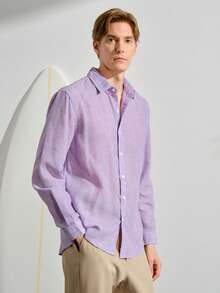 VeloEdit Men's Purple Solid Collar Long Sleeve Polyester Shirt, Button Front, Spring, Button Down Shirt, Casual, Comfortable, Versatile, Daily Wear, Gift For Father/ Husband Fall Winter - Purple - View 6