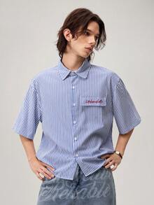 Vaulklash Men's Casual Striped Print Loose Fit Short Sleeve Shirt, Spring And Summer - Blue - View 5