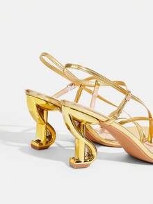 CUCCOO TILAWA Cross-Strapped High-Heeled Sandals, Special-Shaped Heel Design, Versatile Banquet Women's Shoes With Temperament, Fashionable Party Wear - Gold - View 4