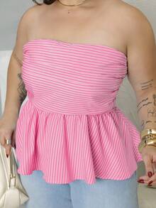 Bibi Tomais Plus Size Women Striped Bandeau Tight Fitted Cropped Top Summer - Hot Pink - View 6