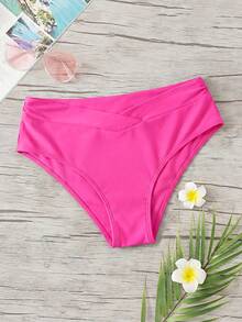 Swim Basics 女士纯色V型腰部舒适透气比基尼泳裤 - 玫紅色 - 查看 3