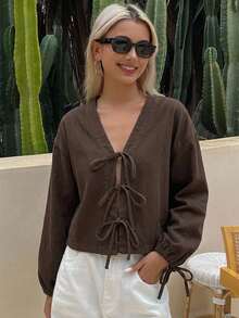 Livesso Top de mujer de algodón color marrón liso con cuello en V, mangas farol, lazo anudado, corto y holgado, estilo denim, para verano y otoño - Café integral - Ver 3