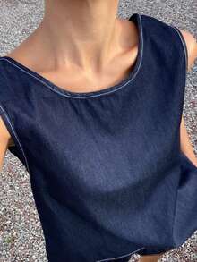 Livesso Summer Autumn Cotton Boat Neck Sleeveless Solid Navy Blue Slim Fit Contrast Stitch Denim Top With Shorts Women's Denim Set Everyday Casual - Blue - View 6