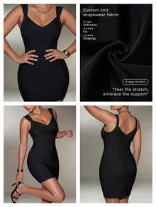 Nuvra Bandage Bodycon Revealing Figure Sexy V-Neck Spaghetti Strap Party Dress - Black - View 3
