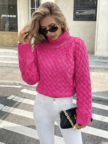 Women's Solid Color Wide Sleeve High Neck Loose Short Casual Sweater - Hot Pink - View 3