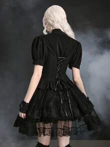ROMWE Dark Gothic Court Style Lace Trim Stand Collar Petal Sleeve Slim Fit Blouse - Black - View 2