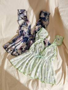 Lullawish 2pcs Bohemian Vacation Style Ocean Animal Flower Plant Print Ruffle Trim Women's Pajama Top - Multicolor - View 7