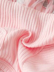 SHEIN Conjunto de 2 piezas para bebé niña, vestido acanalado dulce con bordado, lazo y empalme de malla - Rosa - Ver 4