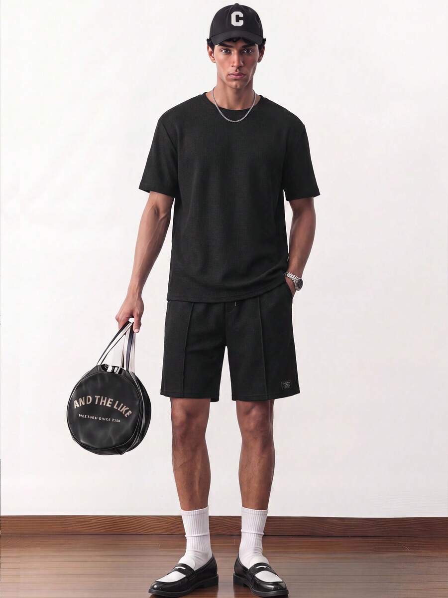 NORVETH 男士夏季休閒寬鬆短袖T恤套裝 白色 標準尺寸 橡膠印花 - 黑色 - 查看 1