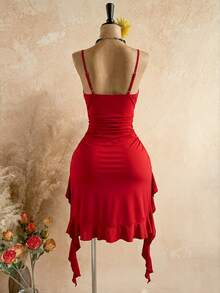 Soleia Women's Solid Color Twisted Knot Ruffle Hem Fashion Date Party Midi Spaghetti Strap Dress - Red - View 2