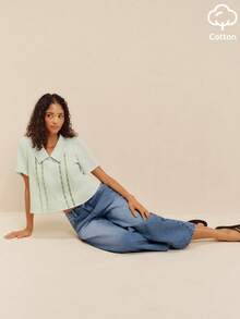 lacRébo High Waist Wide Leg Cropped Denim Jeans Washed Distressed French Style Streetwear Casual Pure Cotton Holiday Aqua Blue Autumn Everyday - Dark Wash - View 5