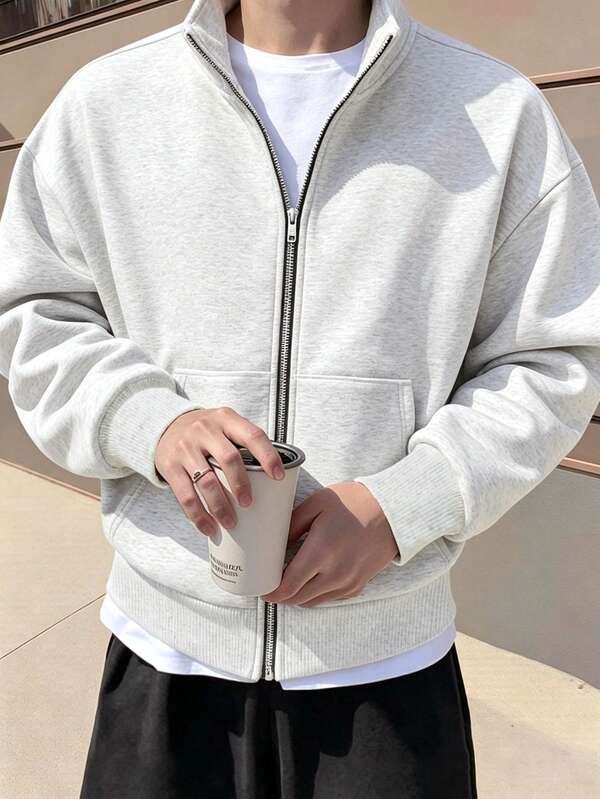 Manfinity Roghcode 男士休閒短版街頭風拉鍊連帽外套，秋季長袖上衣，情人節、春夏季、送給男友的禮物、狂歡節、復古、街頭風、派對、聖帕特里克節、外出穿搭