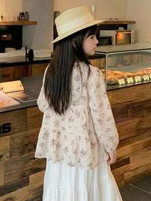 DAZY Blusa de cuello redondo con estampado floral lindo de manga larga para otoño para niñas jóvenes - Beis - Ver 2