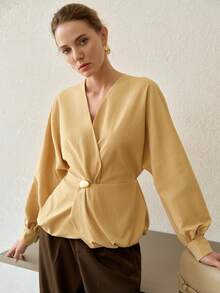 MOTF PREMIUM WOMEN'S SPRING/AUTUMN FASHION COMMUTER SURPLICE NECK LANTERN SLEEVE BUBBLE PEPLUM HEM TOP OFFICE CREAM ELEGANT - Apricot - View 4
