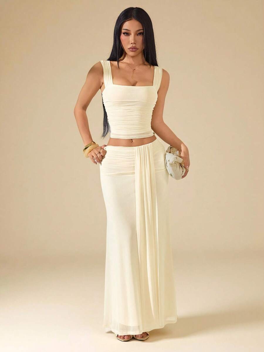 SHEIN PETITE Apricot Ruched Bandeau Top & Low Waist Ruched Flowy Maxi Skirt 2 Pieces Set, Beach Holiday Outfit, Summer Boho Backless, Women's Concert Attire, Bridesmaid 2 Pieces,Work Outfits For Women ,Petite Women - Apricot - View 1