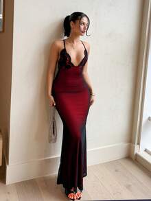 leahseptember Đầm slip bodycon nữ dáng maxi cổ chữ V, phối ren tương phản, hở lưng, dây đan chéo, lưới cá, gấu đuôi cá, trang phục dự tiệc cho nữ - Nhiều màu - Xem 4
