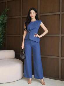 DAZY Conjunto de ropa de verano para vacaciones y oficina ligera para mujer, top elegante y pantalones de pierna ancha, conjunto de 2 piezas - Azul - Ver 3