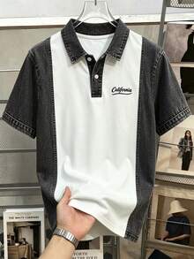 Manfinity Joysei 男士拼接牛仔效果印花短袖休閒 Polo 衫 - 黑與白 - 查看 5