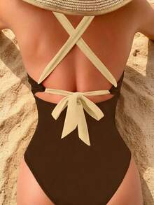 SHEIN Swim 女款度假風拼色時尚掛脖式一件式泳衣 - 彩色 - 查看 2