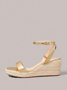 Styleloop Straw Wedge Heel With Sandals, Buckle Ankle Strap Design Casual Vacation Style Platform Women's Shoes Daily Wear Height-Increasing Shoes - Gold - View 3