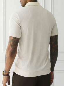 HUEFORM Men's Summer Vertical Stripe Knit Jacquard Mature Style Casual Versatile Exquisite Commuter Short Sleeve POLO Shirt - Apricot - View 4