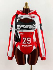 Amplova Motorcycle Style Long Sleeve Fitted Bodycon Bodysuit With Spaghetti Straps And Hoodie Sweatshirt Ribbed Long Sleeve Fitted Women's 2-Piece Set - Red - View 5