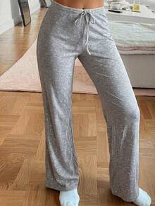 Livesso Tall Women's Elastic Waist Lace Patchwork Drawstring Tie Elastic Floral All-Over Print Urban Casual Long Pants - Light Grey - View 3